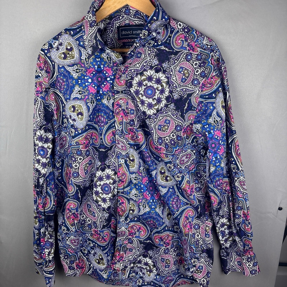 David Smith Australia Men's XL Paisley Floral  Button Up Shirt Purple/Blue